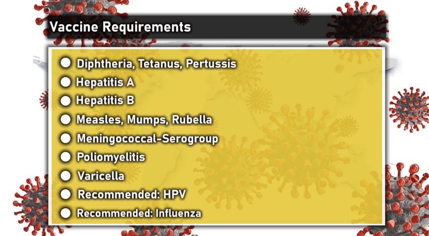 There are currently seven required vaccines in the state of Kansas along with two listed as recommended. Hepatitis A and Meningitis were added for the 2019-2020 school year.
