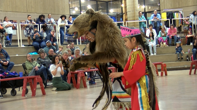Laura Grizzlypaws performs the Dance of the Grizzly Bear as part of the 2023 Schools Out Powwow.