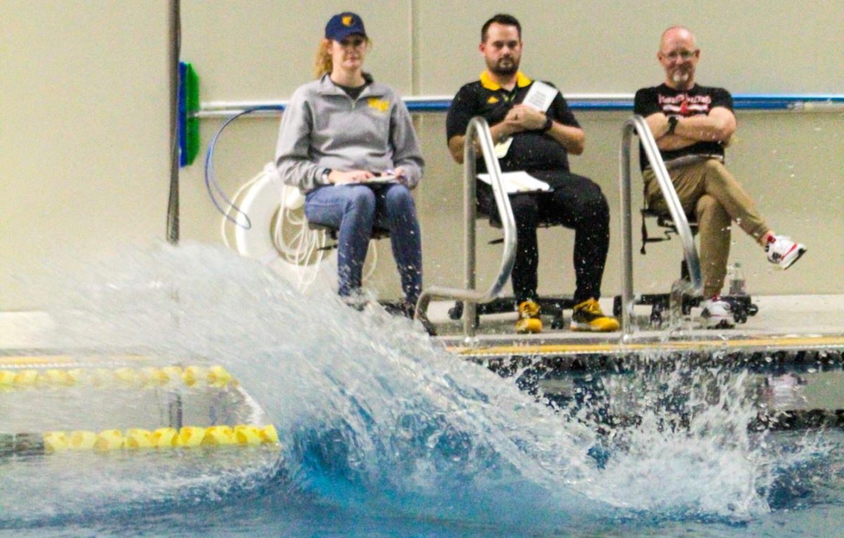 Judges observe a dive during a regional competition. 