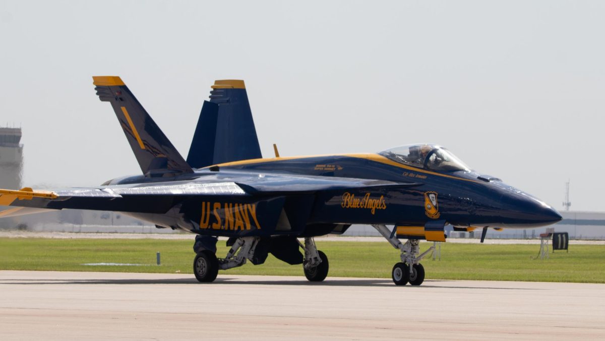 One of the Blue Angels sits on the tarmac during the "Frontiers in Flight" air show at McConnell Air Force Base.