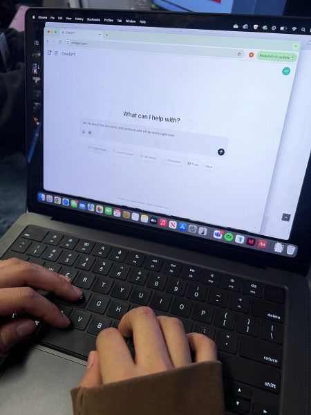 A student using AI program, ChatGPT, to find answers for a school assignment.